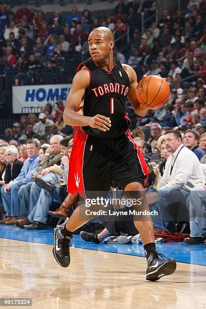 Jarrett Jack of the Toronto Raptors handles the ball against the Oklahoma City Thunder during the game on February 28, 2010 at the Ford Center in...