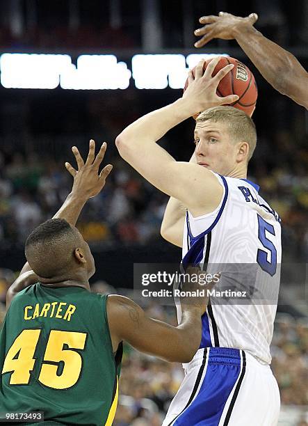 Mason Plumlee of the Duke Blue Devils during the south regional final of the 2010 NCAA men's basketball tournament at Reliant Stadium on March 28,...