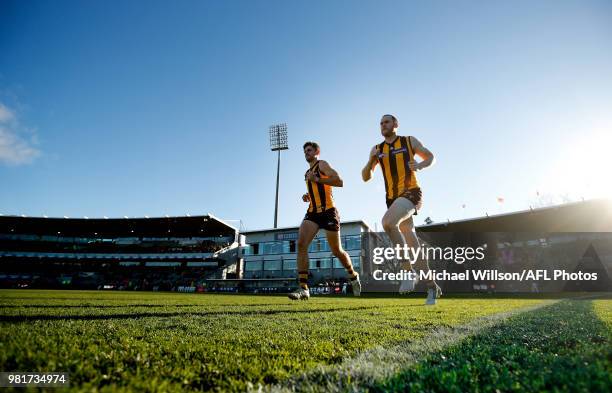 Jarryd Roughead of the Hawks and Ricky Henderson of the Hawks are seen during the 2018 AFL round 14 match between the Hawthorn Hawks and the Gold...