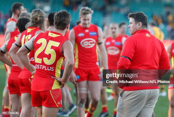 Stuart Dew, Senior Coach of the Suns looks dejected after a loss during the 2018 AFL round 14 match between the Hawthorn Hawks and the Gold Coast...