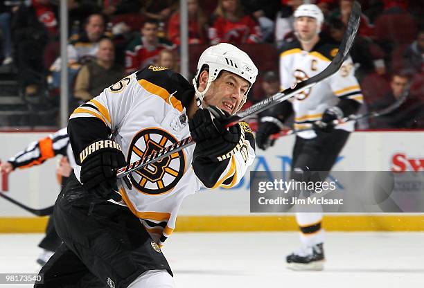 Marco Sturm of the Boston Bruins skates against the New Jersey Devils at the Prudential Center on March 30, 2010 in Newark, New Jersey. The Bruins...