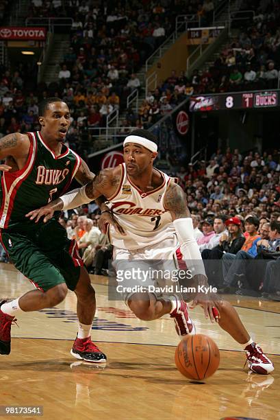 Mo Williams of the Cleveland Cavaliers drives to the basket against Brandon Jennings of the Milwaukee Bucks on March 31, 2010 at The Quicken Loans...