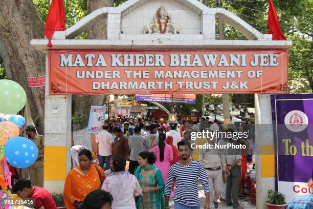 Devotees at mela kher bhawani in Ganderbal, some 28 km northeast of Srinagar, on 20 June 2018. Thousands of Hindu devotees attended the prayers in...