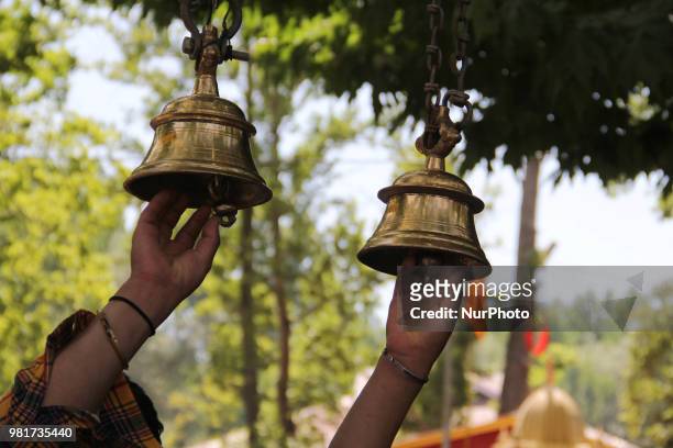 Devotees at mela kher bhawani in Ganderbal, some 28 km northeast of Srinagar, on 20 June 2018. Thousands of Hindu devotees attended the prayers in...