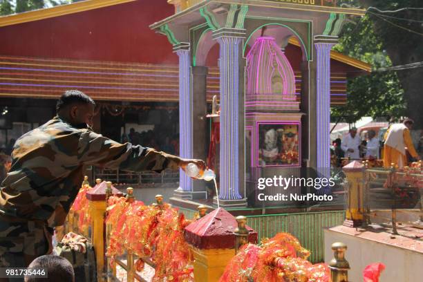 Devotees at mela kher bhawani in Ganderbal, some 28 km northeast of Srinagar, on 20 June 2018. Thousands of Hindu devotees attended the prayers in...