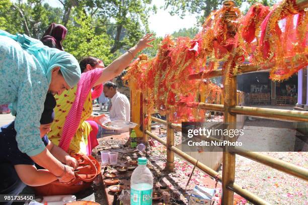 Devotees at mela kher bhawani in Ganderbal, some 28 km northeast of Srinagar, on 20 June 2018. Thousands of Hindu devotees attended the prayers in...