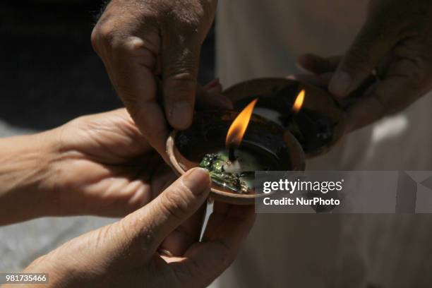 Devotees at mela kher bhawani in Ganderbal, some 28 km northeast of Srinagar, on 20 June 2018. Thousands of Hindu devotees attended the prayers in...