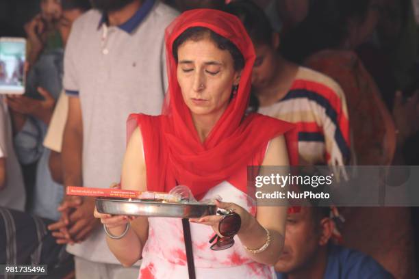 Devotees at mela kher bhawani in Ganderbal, some 28 km northeast of Srinagar, on 20 June 2018. Thousands of Hindu devotees attended the prayers in...