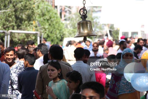 Devotees at mela kher bhawani in Ganderbal, some 28 km northeast of Srinagar, on 20 June 2018. Thousands of Hindu devotees attended the prayers in...