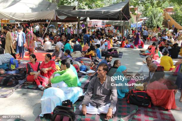 Devotees at mela kher bhawani in Ganderbal, some 28 km northeast of Srinagar, on 20 June 2018. Thousands of Hindu devotees attended the prayers in...