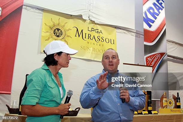 David Mirassou the owner of Mirassou Winery and Juli Inkster of the USA during the LPGA Mirassou Winery Sun Room Session after the pro-am as a...