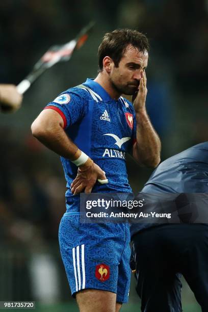 Morgan Parra of France is taken off injured during the International Test match between the New Zealand All Blacks and France at Forsyth Barr Stadium...