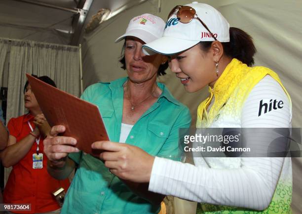 Hee Kyung Seo of South Korea with her childhood hero Juli Inkster of the USA during the LPGA Mirassou Winery Sun Room Session after the pro-am as a...