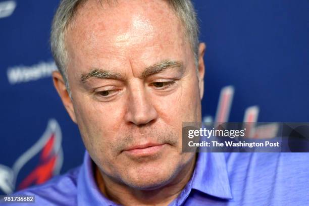 Washington Capitals General Manager Brian MacLellan announces the resignation of head coach Barry Trotz at Kettler Capitals Iceplex less than two...