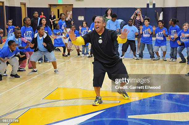 Strength and conditioning coach Steve Hess of the Denver Nuggets instructs 75 children from the Boettcher Boys and Girls Club during a Denver Nuggets...