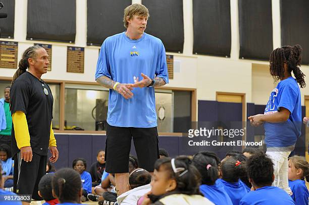 Strength and conditioning coach Steve Hess and Chris Andersen of the Denver Nuggets instructs 75 children from the Boettcher Boys and Girls Club...