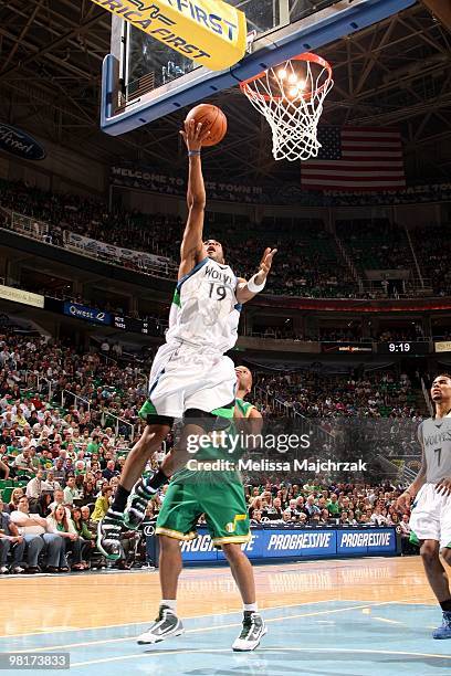 Wayne Ellington of the Minnesota Timberwolves shoots a layup during the game against the Utah Jazz at the EnergySolutions Arena on March 17, 2010 in...
