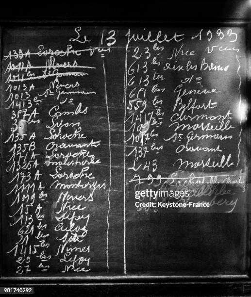 Panneau indicateur des horaires de train de la compagnie du chemin de fer Paris-Lyon-Méditerranée en France, le 13 juillet 1933.