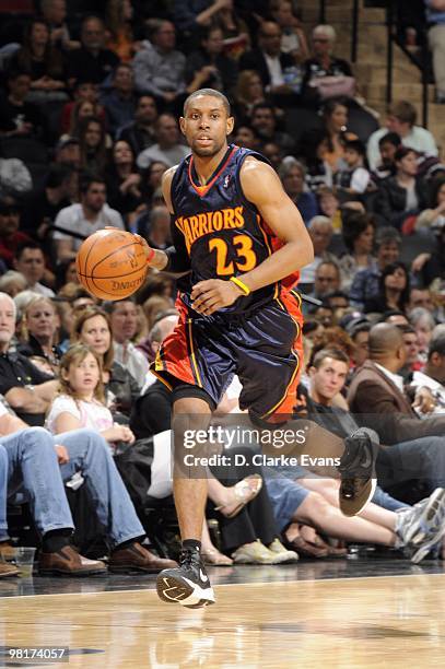 Watson of the Golden State Warriors moves the ball up court during the game against the San Antonio Spurs at AT&T Center on March 19, 2010 in San...