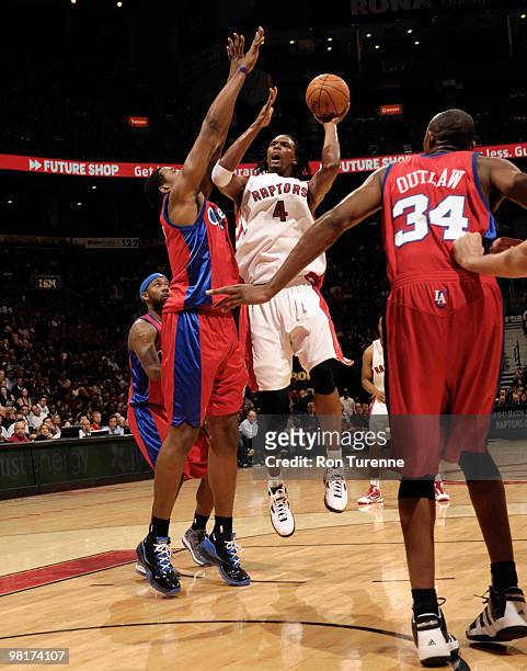 Chris Bosh of the Toronto Raptors gets the basket and 1 during a game against the Los Angeles Clippers on March 31, 2010 at the Air Canada Centre in...