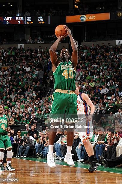 Michael Finley of the Boston Celtics shoots a jump shot during the game against the New York Knicks at The TD Garden on March 17, 2010 in Boston,...