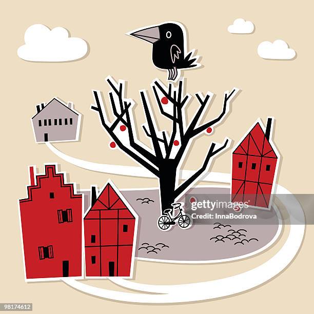 little town and crow. - courtyard stock illustrations