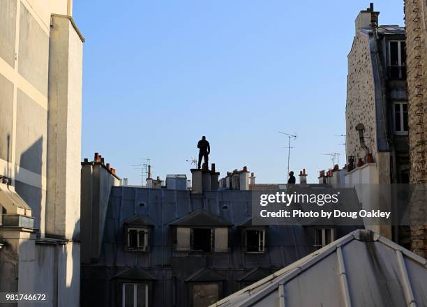 man in silhouette stands on top of chimney in paris - chimney sweep stock pictures, royalty-free photos & images