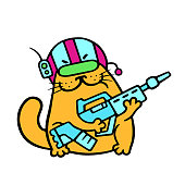 Funny cat fantastic soldier with impulse rifle.