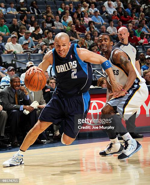 Jason Kidd of the Dallas Mavericks drives around Mike Conley of the Memphis Grizzlies on March 31, 2010 at FedExForum in Memphis, Tennessee. NOTE TO...