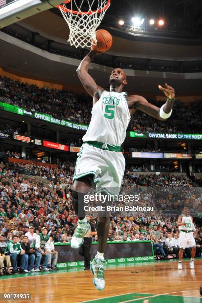 Kevin Garnett of the Boston Celtics goes up for the dunk the against the Oklahoma City Thunder on March 31, 2010 at the TD Garden in Boston,...