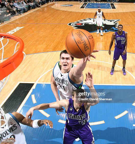 Darko Milicic of the Minnesota Timberwolves puts up a shot against Beno Udrih of the Sacramento Kings during the game on March 31, 2010 at the Target...