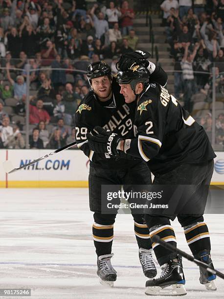 Steve Ott and Nicklas Grossman of the Dallas Stars celebrate Ott's unassisted short-handed goal in the first period against the San Jose Sharks on...