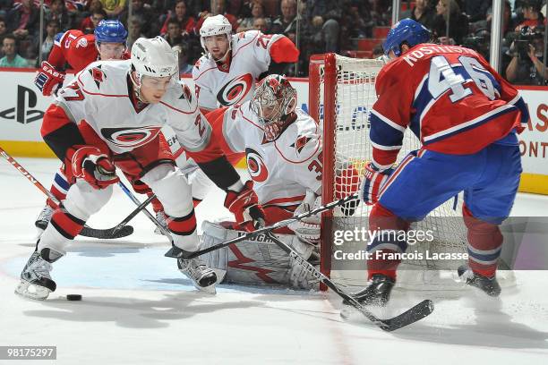 Andrei Kostitsyn of Montreal Canadiens takes a shot on goalie Cam Ward of the Carolina Hurricanes during the NHL game on March 31, 2010 at the Bell...