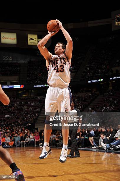 Kris Humphries of the New Jersey Nets shoots against the Phoenix Suns during the game on March 31, 2010 at the Izod Center in East Rutherford, New...