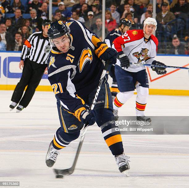 Drew Stafford of the Buffalo Sabres fires a slapshot against the Florida Panthers on March 31, 2010 at HSBC Arena in Buffalo, New York.