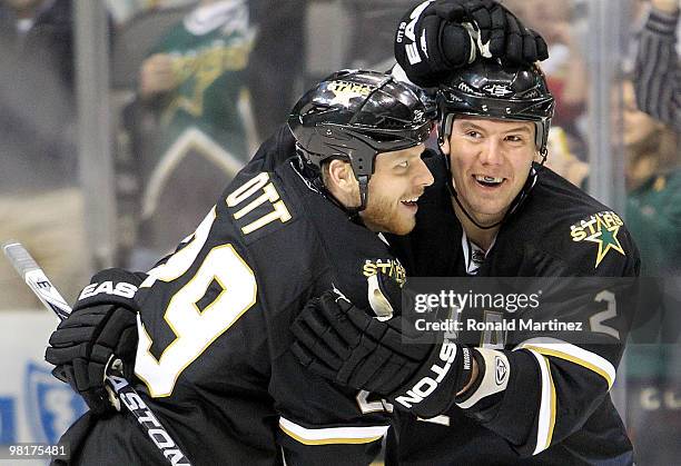 Steve Ott of the Dallas Stars celebrates a short-handed goal with Nicklas Grossman against the San Jose Sharks at American Airlines Center on March...