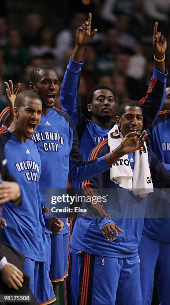 The Oklahoma City Thunder bench celebrates teammate Jeff Green's basket late in the fourth quarter against the Boston Celtics on March 31, 2010 at...