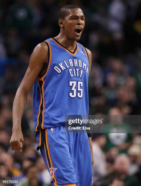 Kevin Durant of the Oklahoma City Thunder celebrates the win over the Boston Celtics on March 31, 2010 at the TD Garden in Boston, Massachusetts. The...
