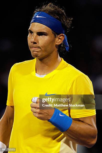 Rafael Nadal of Spain reacts after a point against Jo-Wilfried Tsonga of France during day nine of the 2010 Sony Ericsson Open at Crandon Park Tennis...