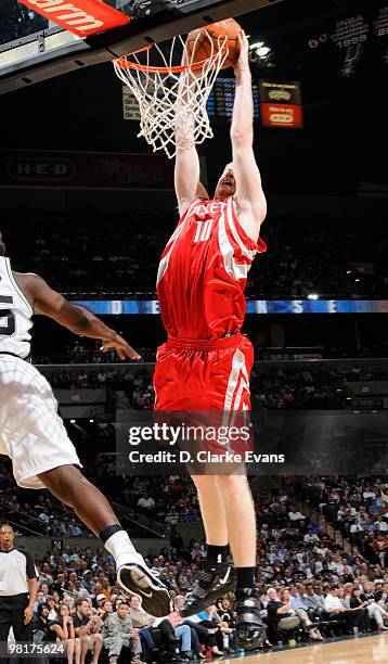 Chase Budinger of the Houston Rockets shoots against the San Antonio Spurs on March 31, 2010 at the AT&T Center in San Antonio, Texas. NOTE TO USER:...