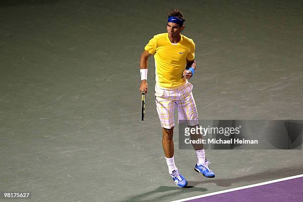 Rafael Nadal of Spain reacts after a point against Jo-Wilfried Tsonga of France during day nine of the 2010 Sony Ericsson Open at Crandon Park Tennis...