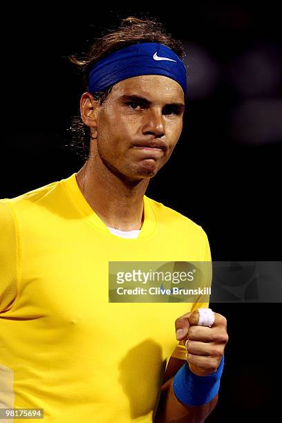 Rafael Nadal of Spain reacts after a point against Jo-Wilfried Tsonga of France during day nine of the 2010 Sony Ericsson Open at Crandon Park Tennis...