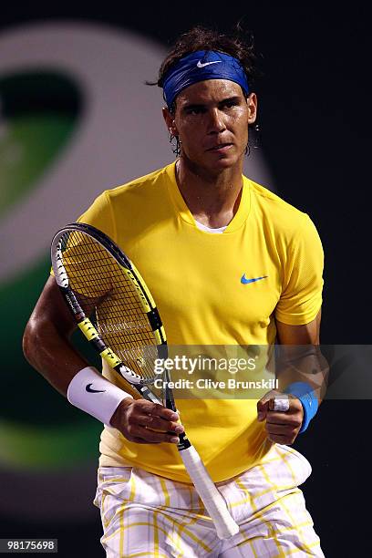 Rafael Nadal of Spain reacts after a point against Jo-Wilfried Tsonga of France during day nine of the 2010 Sony Ericsson Open at Crandon Park Tennis...