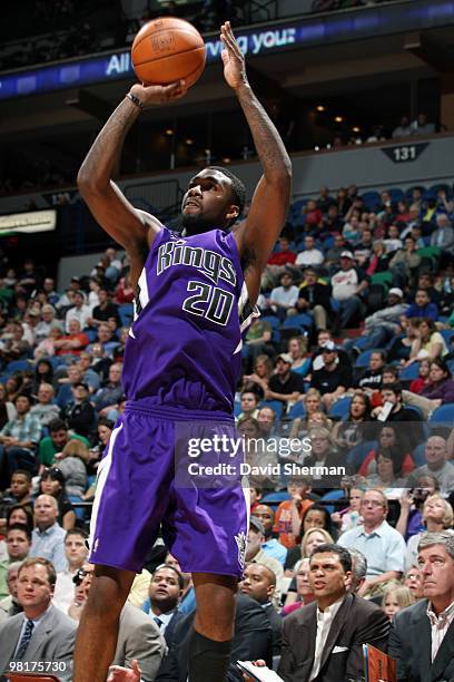 Donte Greene of the Sacramento Kings looks for the shot during the game against the Minnesota Timberwolves on March 31, 2010 at the Target Center in...