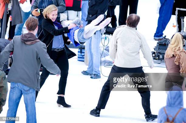 Actress Abbie Cornish films a scene on the set of the movie "The Dark Fields" at the Wollman Rink in Central Park on March 31, 2010 in New York City.