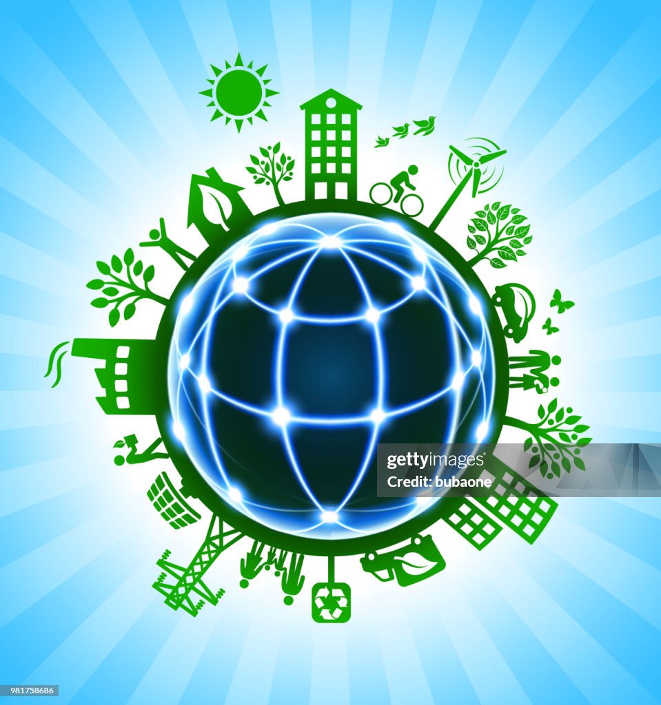 Blue Globe Wireframe on Green Environmental Conservation Background