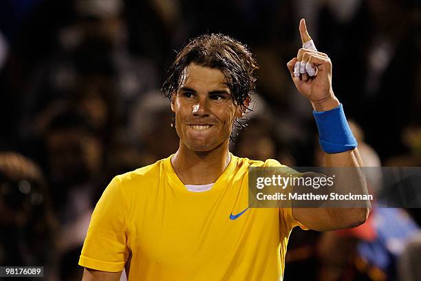 Rafael Nadal of Spain celebrates after defeating Jo-Wilfried Tsonga of France during day nine of the 2010 Sony Ericsson Open at Crandon Park Tennis...