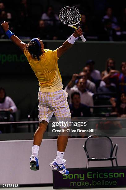 Rafael Nadal of Spain celebrates after defeating Jo-Wilfried Tsonga of France during day nine of the 2010 Sony Ericsson Open at Crandon Park Tennis...