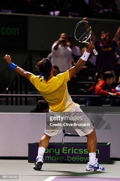 Rafael Nadal of Spain celebrates after defeating Jo-Wilfried Tsonga of France during day nine of the 2010 Sony Ericsson Open at Crandon Park Tennis...