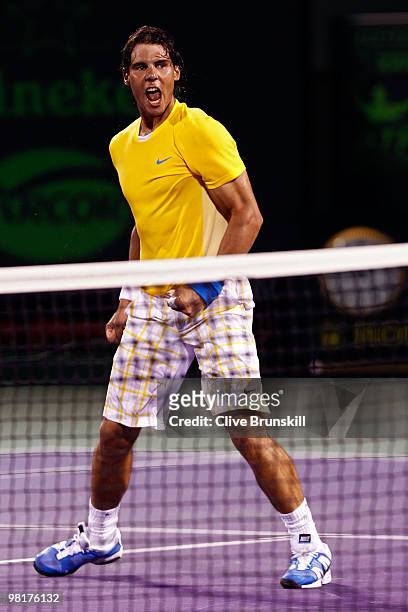 Rafael Nadal of Spain celebrates after defeating Jo-Wilfried Tsonga of France during day nine of the 2010 Sony Ericsson Open at Crandon Park Tennis...